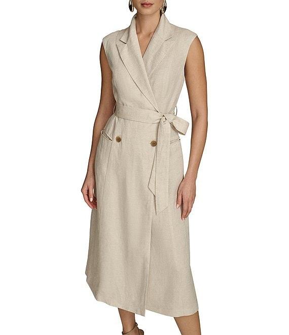 Donna Karan Collared Neck Cap Sleeve Tie Sash Button Front Linen Blend A-Line Midi Dress Product Image