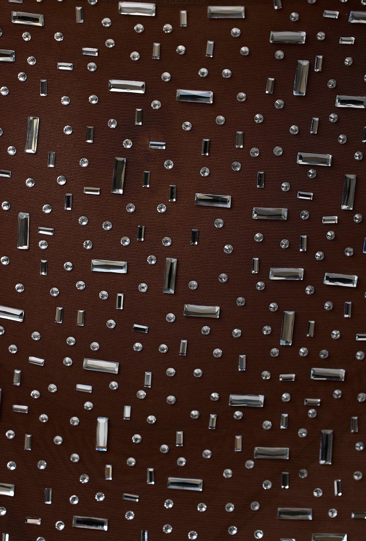 Sheer Embellished Long Sleeve Evening Gown in Deep Cocoa Product Image