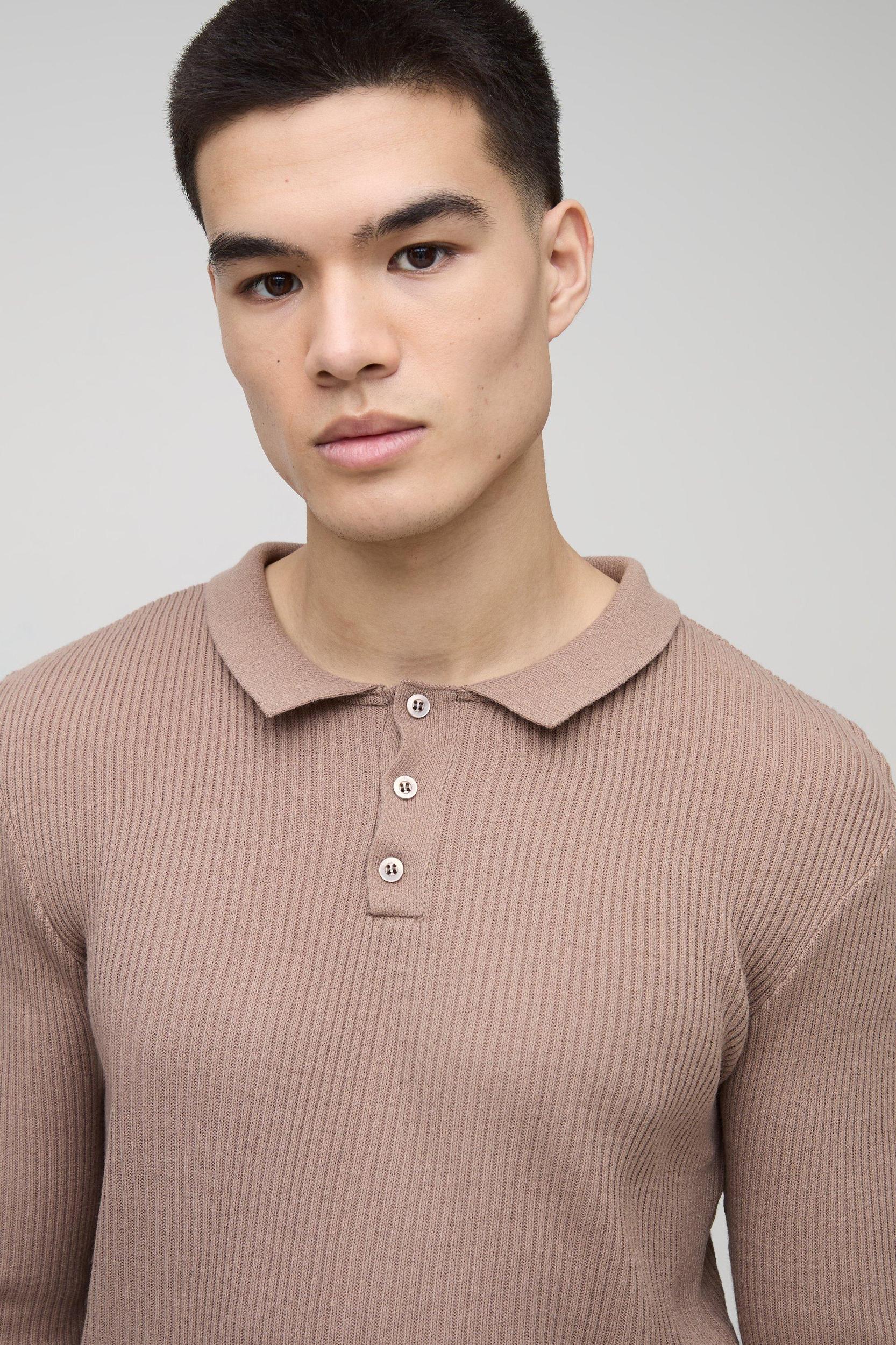 Muscle Fit Ribbed Button Neck Knitted Polo | boohooMAN USA Product Image