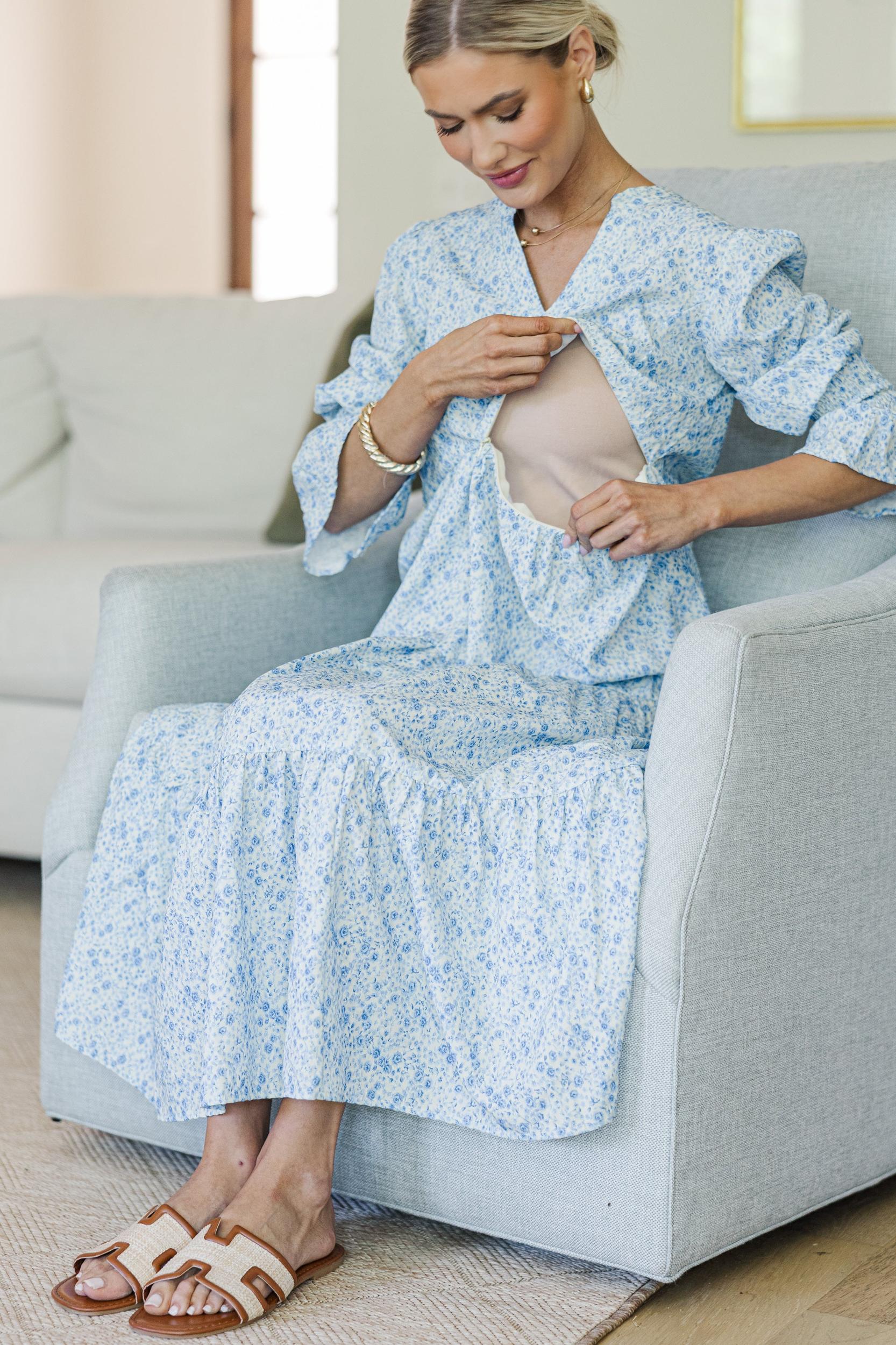 NURSING COLLECTION: What A Surprise Blue Ditsy Floral Tiered Midi Dress Female Product Image