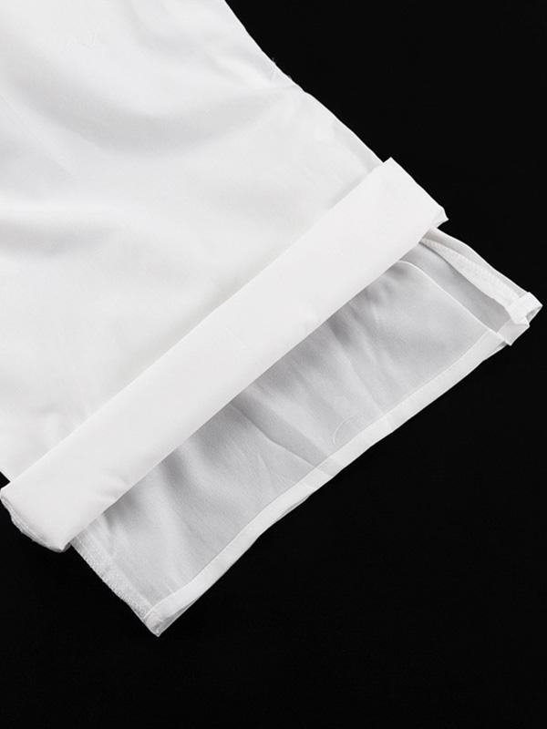 Loose Puff Sleeves Pleated Solid Color Off-The-Shoulder Blouse + Pants Trousers Elasticity Two Pieces Set Product Image