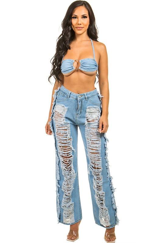 SEXY DENIM TWO PIECE PANT SET Product Image