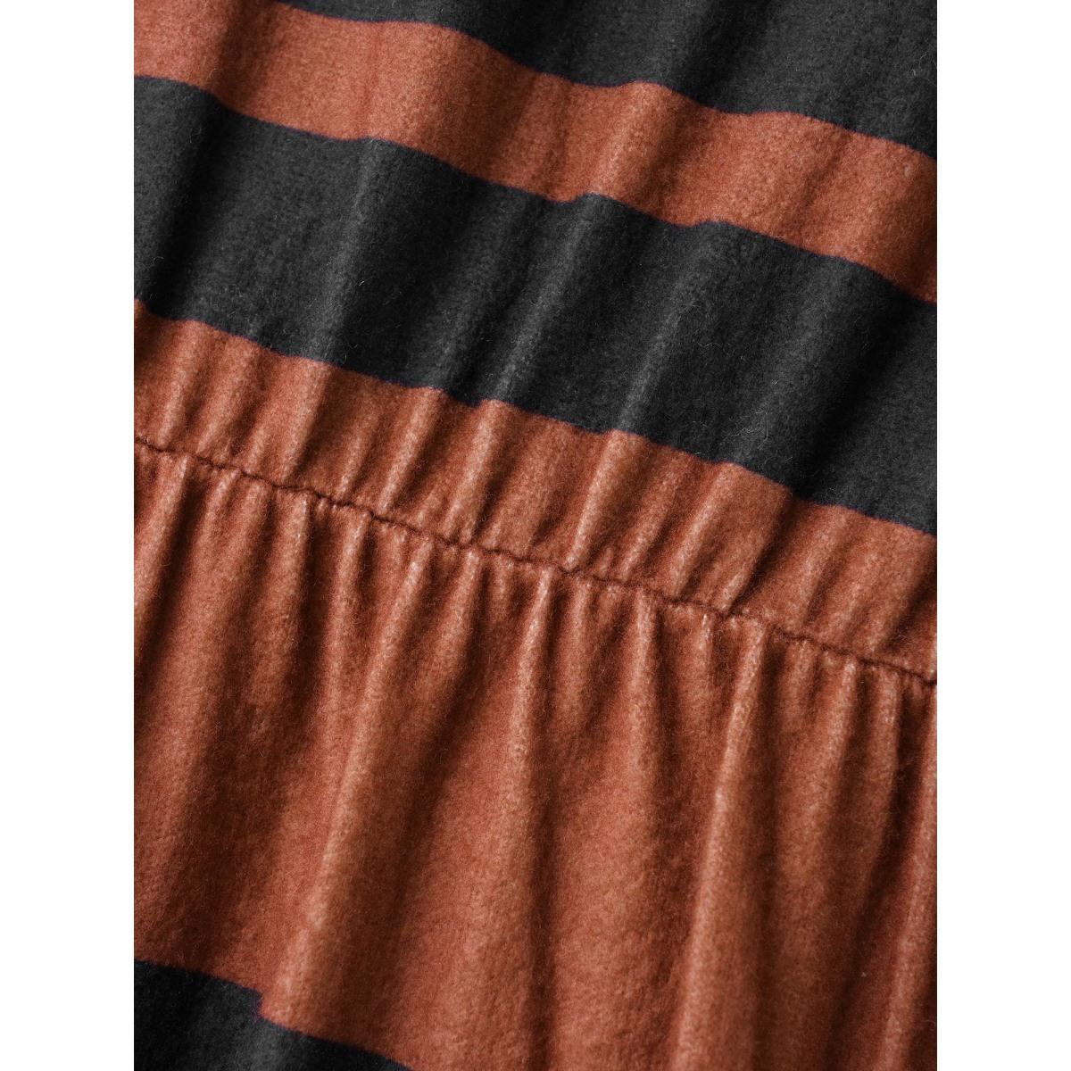 Plus Size Crew Neck Striped Patchwork Elastic Waist Dress Maroon Women At the Office Contrast Round Neck Long Sleeve Curvy BloomChic 30/6X Product Image