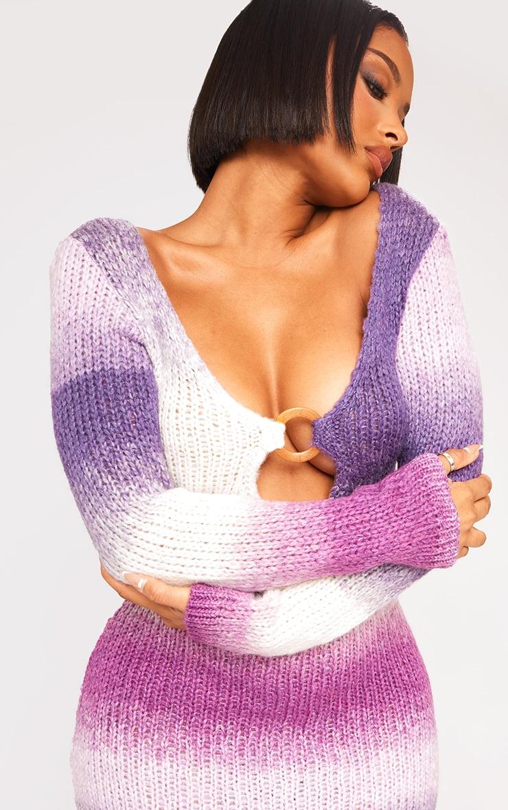  Shape Purple Ombre Knit Plunge Ring Long Sleeve Midaxi Dress Product Image