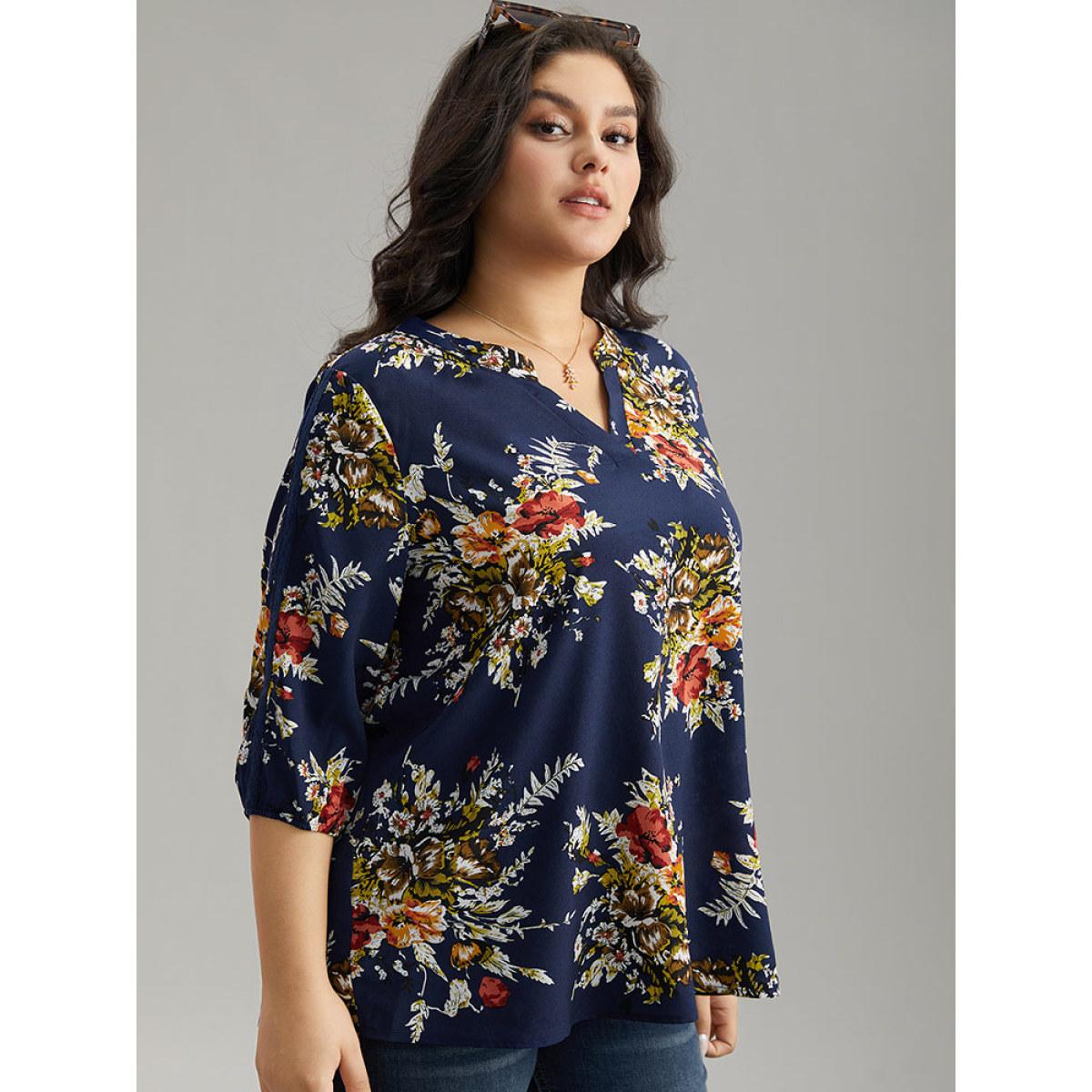 Plus Size Indigo Floral Print Notched Elastic Cuffs Blouse Women Elegant Elbow-length sleeve V-neck Dailywear Blouses BloomChic 30/6X Product Image