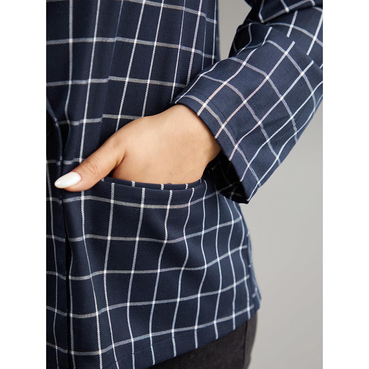 Plus Size Plaid Flap Detail Suit Collar Button Up Blazer DarkBlue Women Dailywear Plaid Contrast Sleeve Long Sleeve Suit Collar 12/L Pocket Casual Blazers BloomChic Product Image