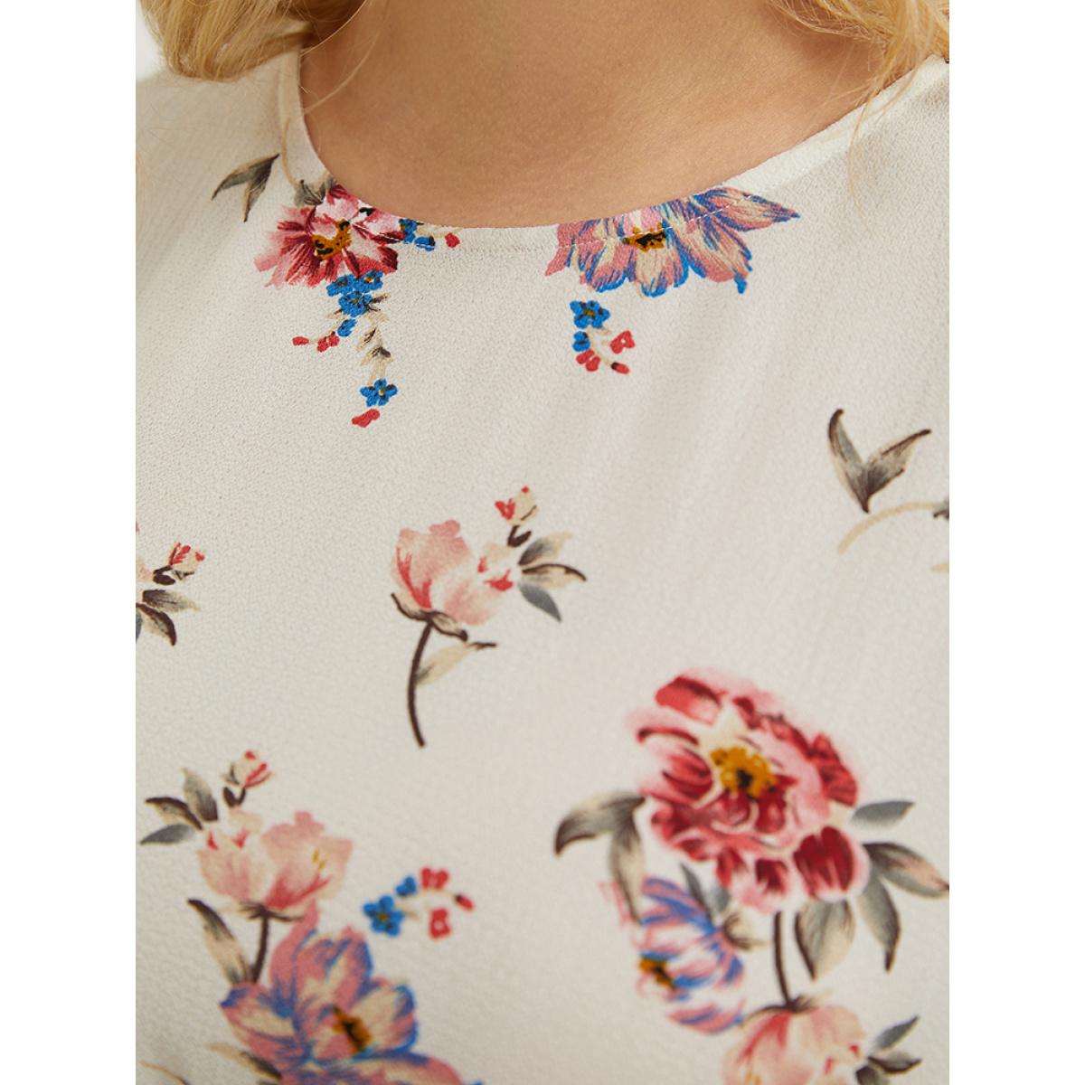 Plus Size White Floral Print Round Neck Ruffles High Low Hem Blouse Women Elegant Short sleeve Round Neck Dailywear Blouses BloomChic 10/M Product Image