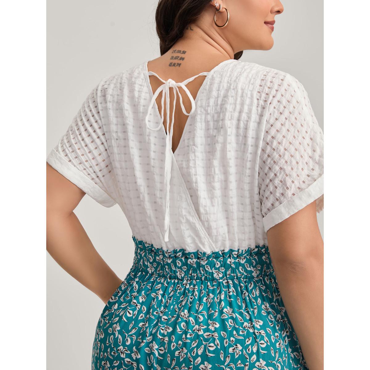 Plus Size Cerulean Floral Color Contrast Shirred Jumpsuit Women Leisure Cap Sleeve V-neck Casual Loose Jumpsuits BloomChic 22-24/3X Product Image