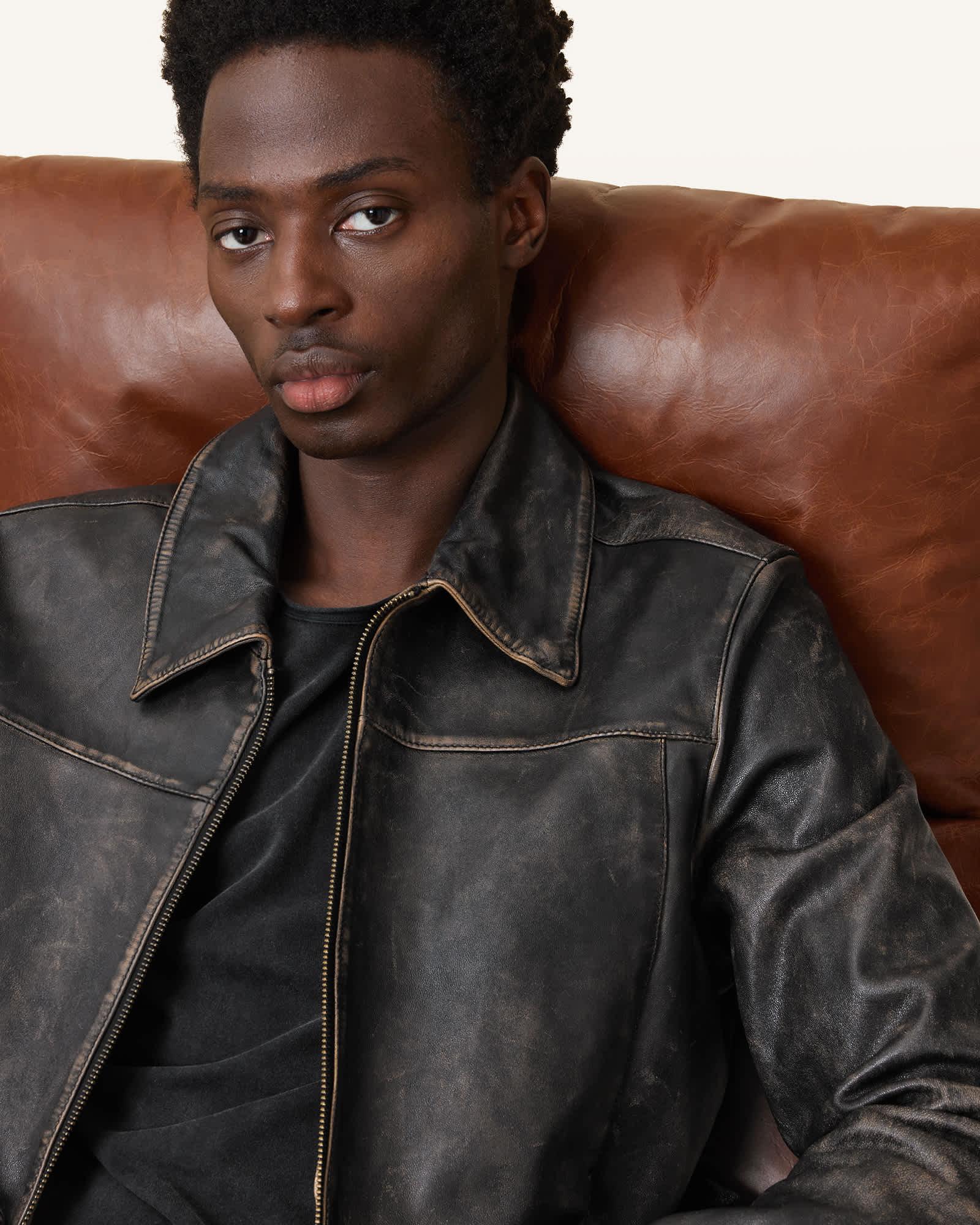 Alkan Zip Up Two Tone Leather Jacket Vintage Black | ALLSAINTS US Product Image