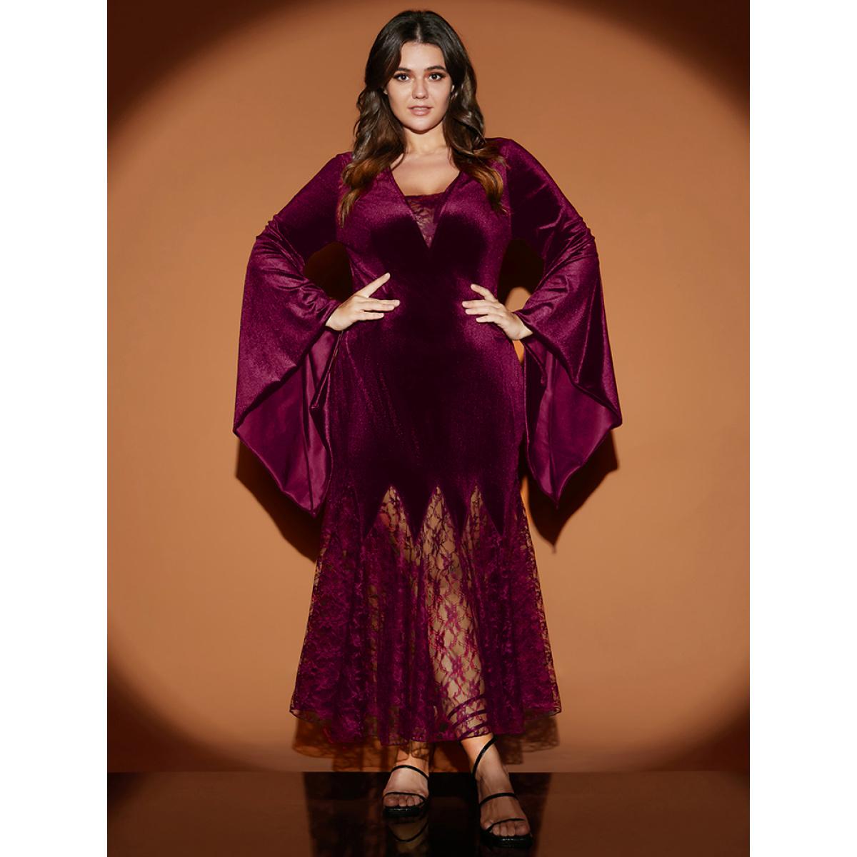 Plus Size Halloween Bell Sleeve Velvet Lace Insert Maxi Dress Burgundy Women Party Slit V-neck Long Sleeve Curvy Long Dress BloomChic 30/6X Product Image