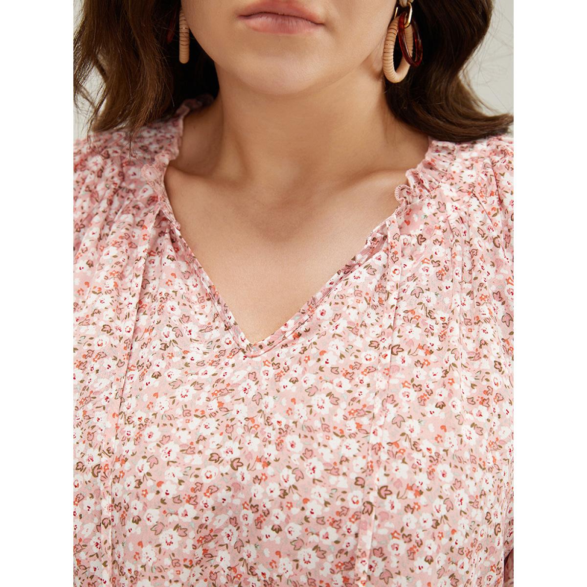 Plus Size Crepe Ditsy Floral Frill Trim Lace Ruffle Sleeve Tie Neck Blouse Women Elegant Short sleeve Tie Neck Dailywear Blouses BloomChic 18-20/2X Product Image