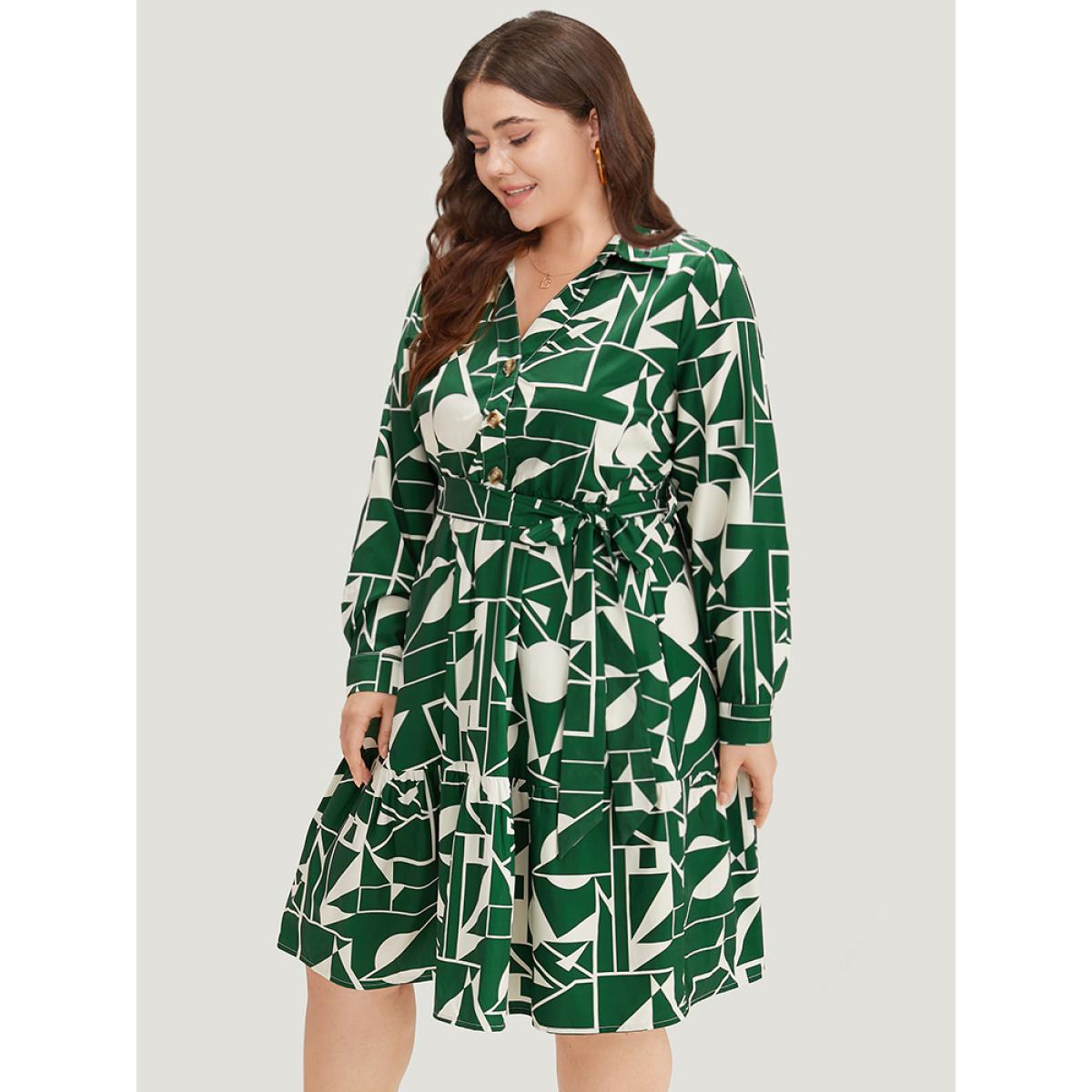 Plus Size Geometric Shirt Collar Belted Pocket Flutter Dress Green Women Office Belted Shirt collar Long Sleeve Curvy Midi Dress BloomChic 14-16/1X Product Image