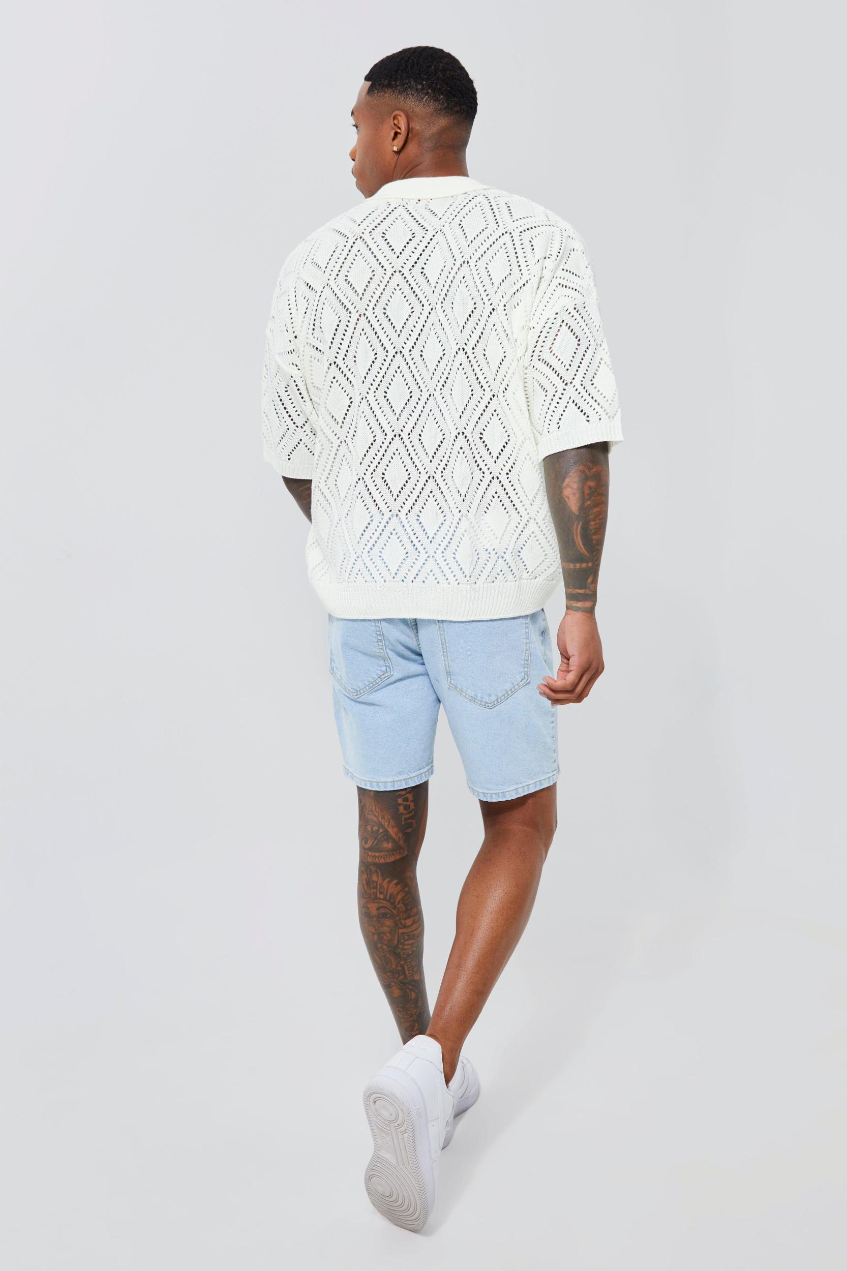 Short Sleeve Boxy Fit Revere Open Knit Polo | boohooMAN USA Product Image