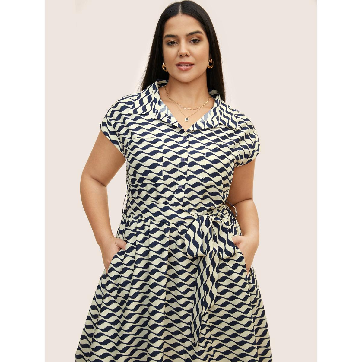 Plus Size Shirt Collar Striped Belted Midi Dress Navy Women At the Office Belted Shirt collar Cap Sleeve Curvy BloomChic 28/5X Product Image