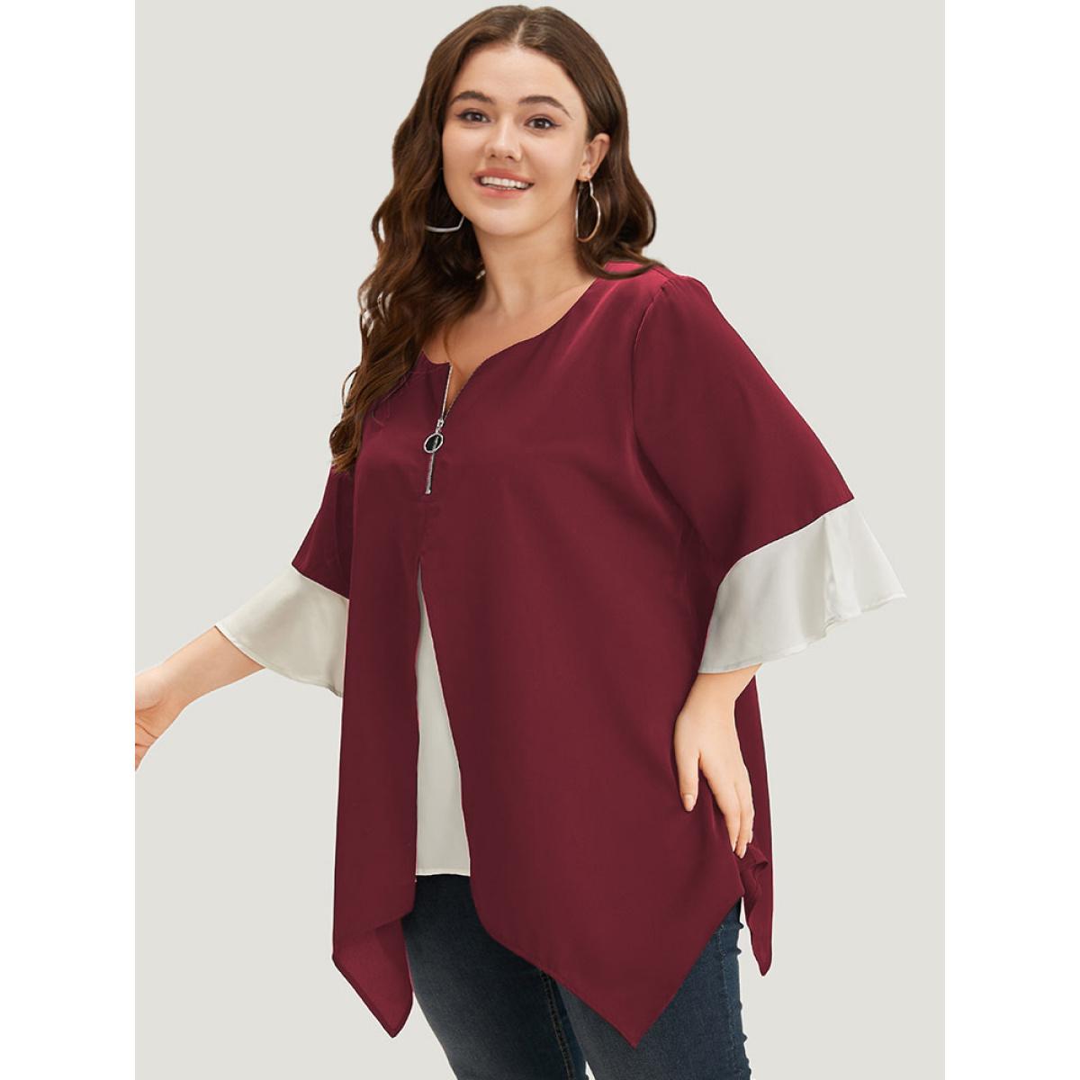 Plus Size Scarlet Anti-Wrinkle Contrast Zip Up Flutter Sleeve Hanky Hem Blouse Women Office Half Sleeve Round Neck Office Blouses BloomChic 30/6X Product Image