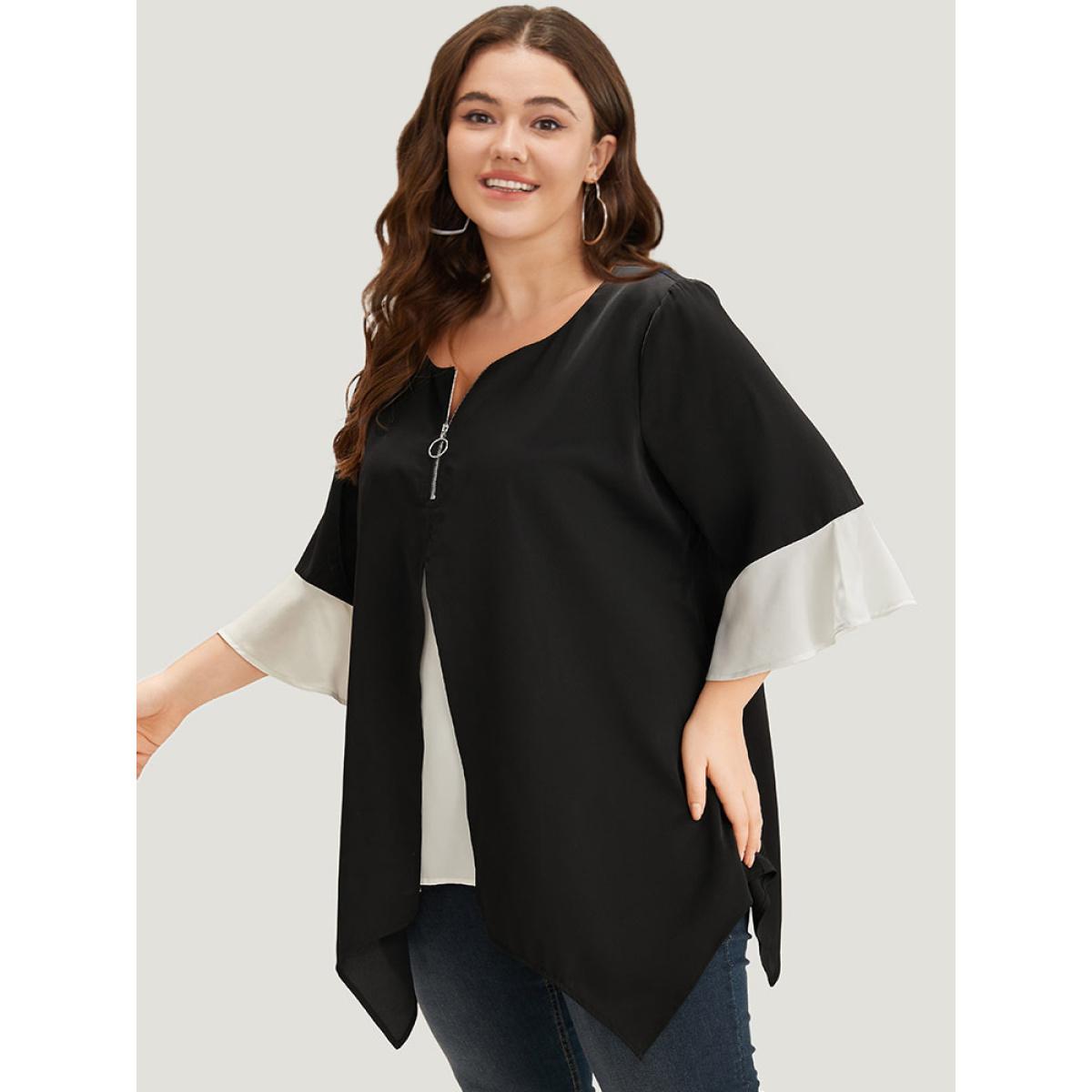 Plus Size Scarlet Anti-Wrinkle Contrast Zip Up Flutter Sleeve Hanky Hem Blouse Women Office Half Sleeve Round Neck Office Blouses BloomChic 30/6X Product Image