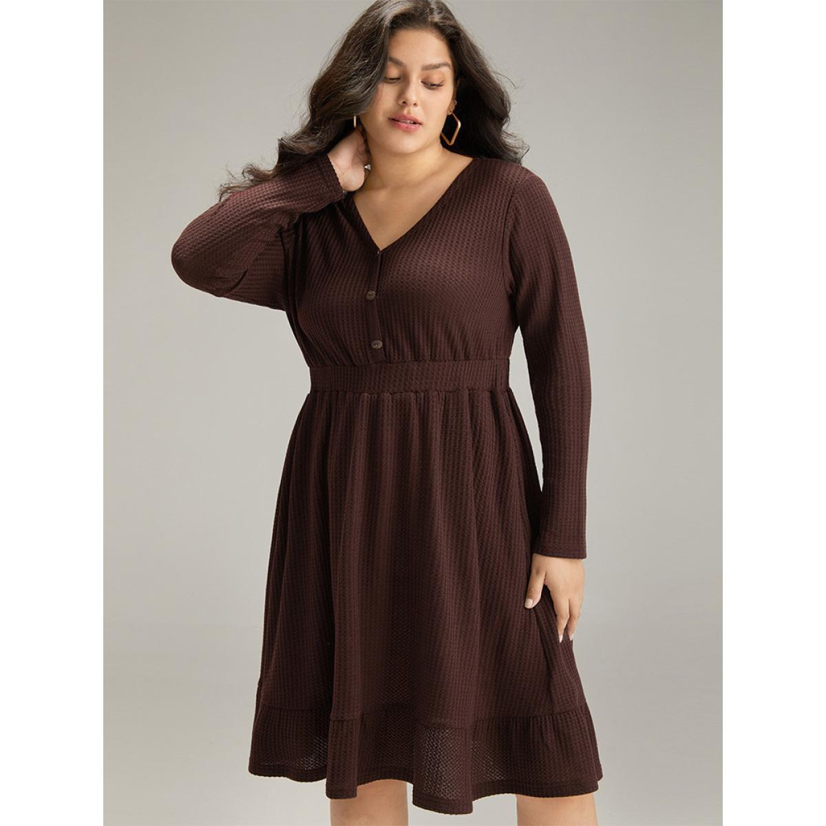 Plus Size Waffle Knit Button Up Elastic Waist Dress DarkBrown Women Casual Plain V-neck Long Sleeve Curvy Knee Dress BloomChic 22-24/3X Product Image
