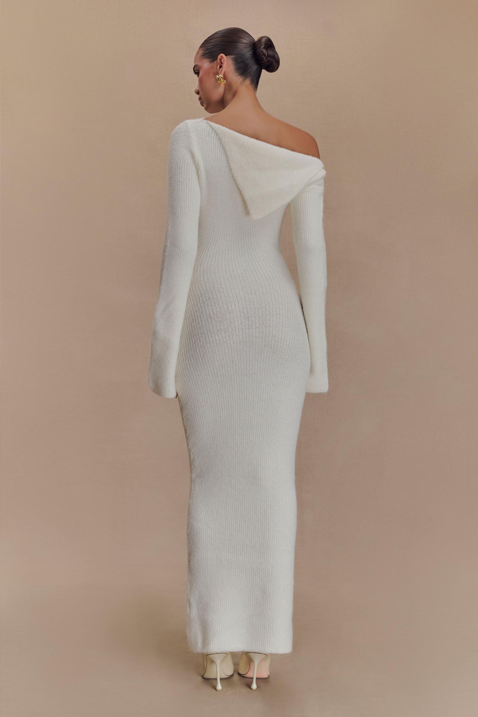 Magenta One Shoulder Fluffy Knit Midi Dress - Ivory Product Image