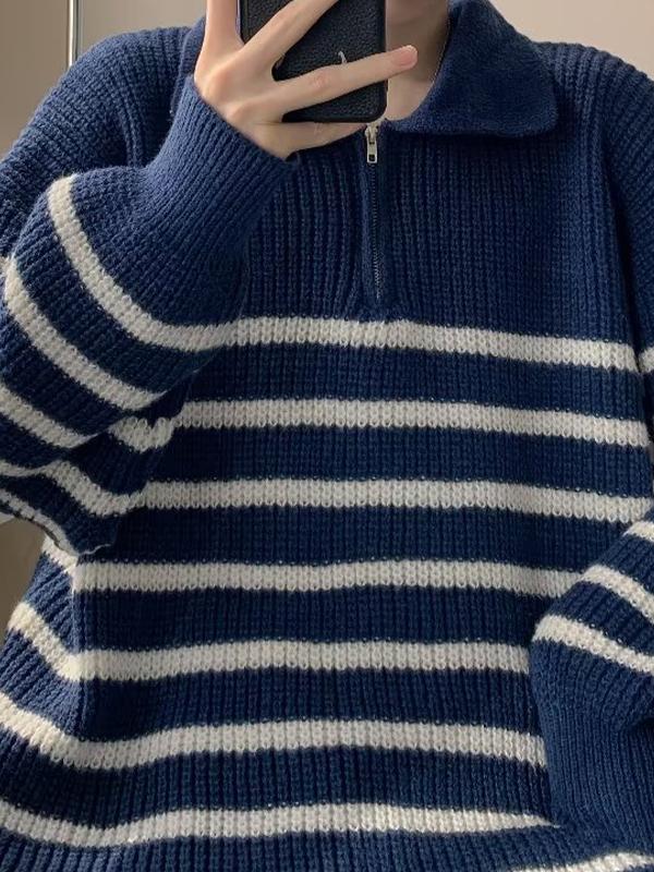 Men's Striped Lapel Neck Half Zip Sweater Product Image