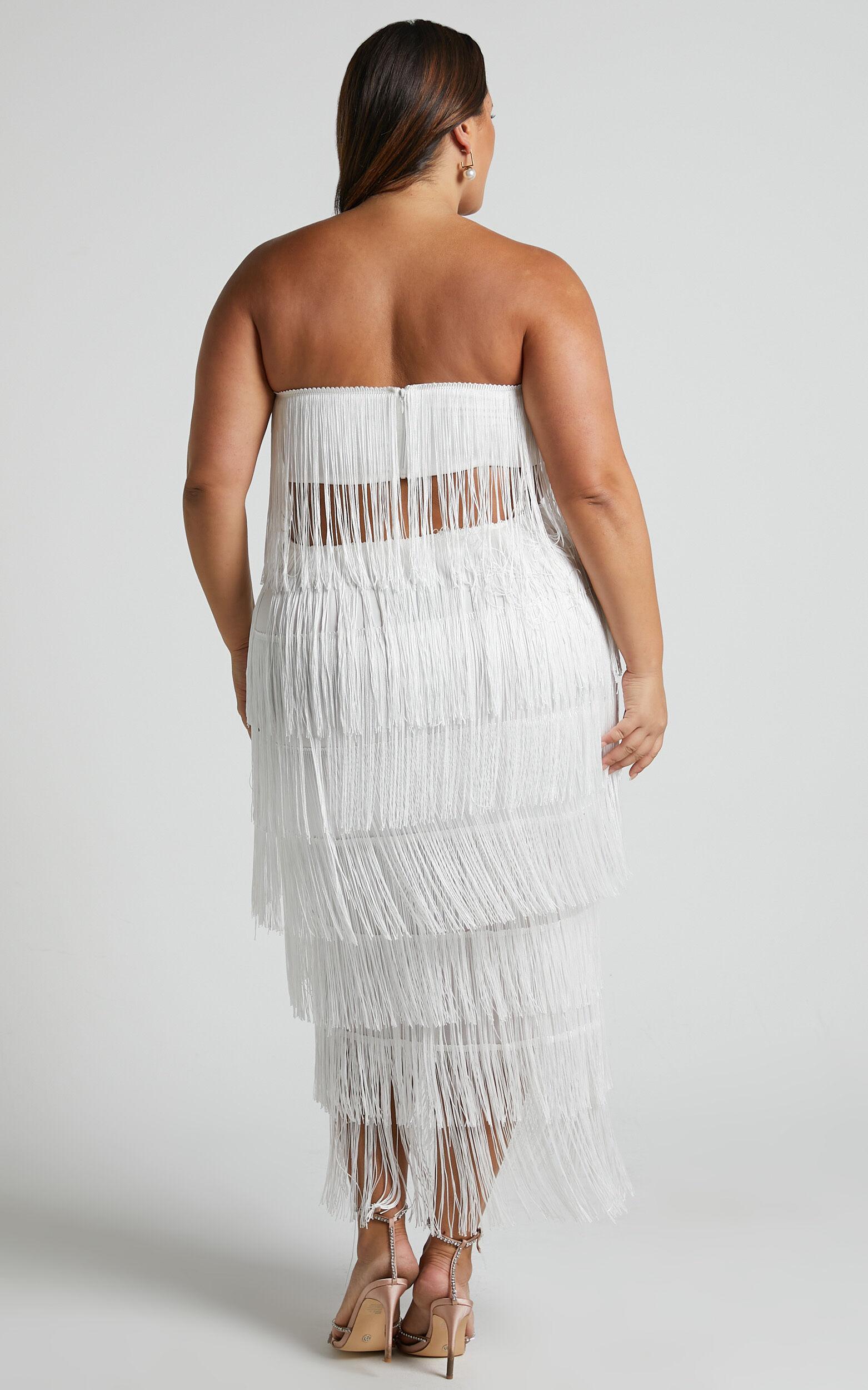 Amalee Two Piece Set - Fringe Strapless Crop Top and Midi Skirt Set in White Product Image