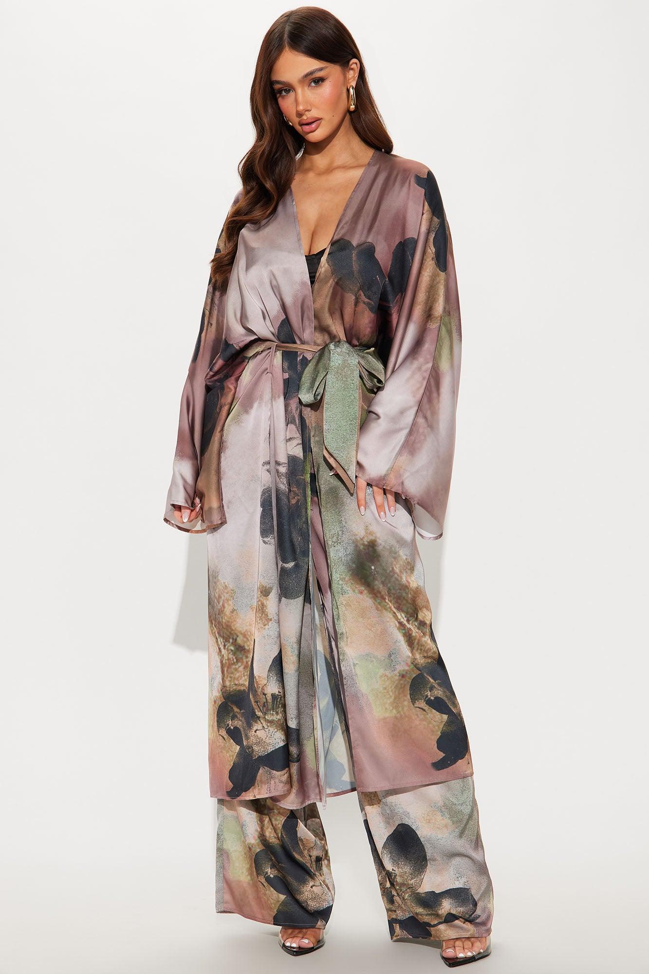 Dark Seduction Satin Kimono Pant Set - Brown/combo Product Image