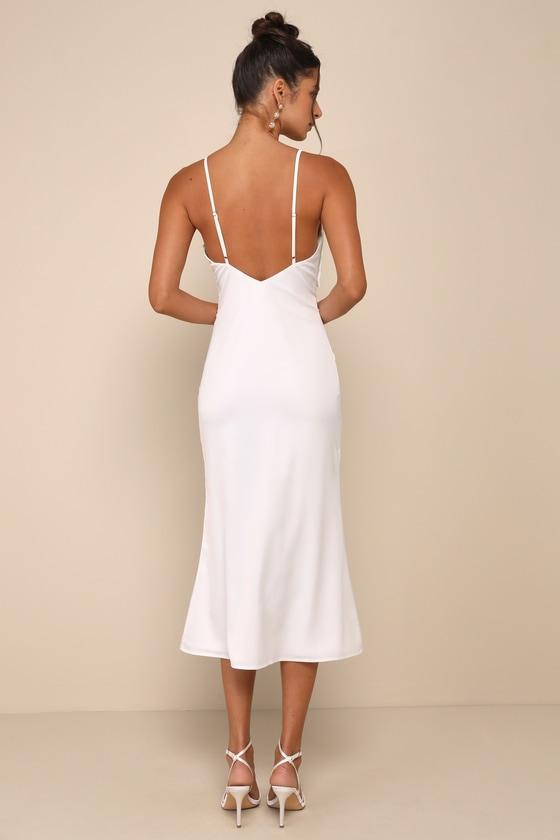 Extravagantly Sleek White Satin Sleeveless Bow Midi Dress Product Image