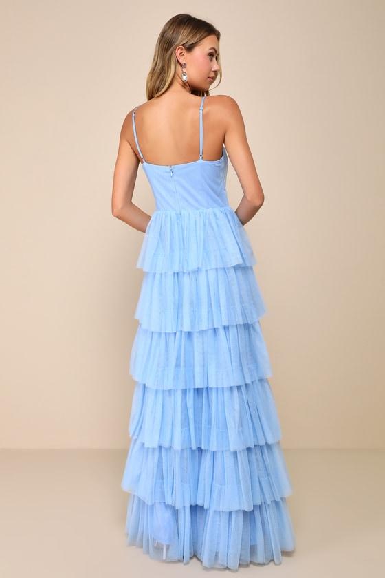 Rule the Runway Light Blue Tulle Surplice Tiered Maxi Dress Product Image