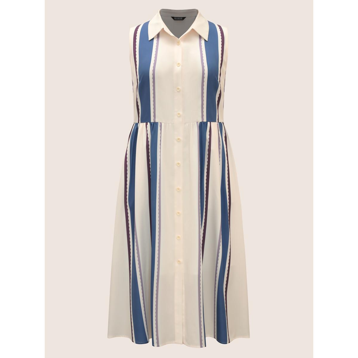 Plus Size Shirt Collar Contrast Striped Sleeveless Midi Dress LightBlue Women At the Office Contrast Shirt collar Sleeveless Curvy BloomChic 10/M Product Image