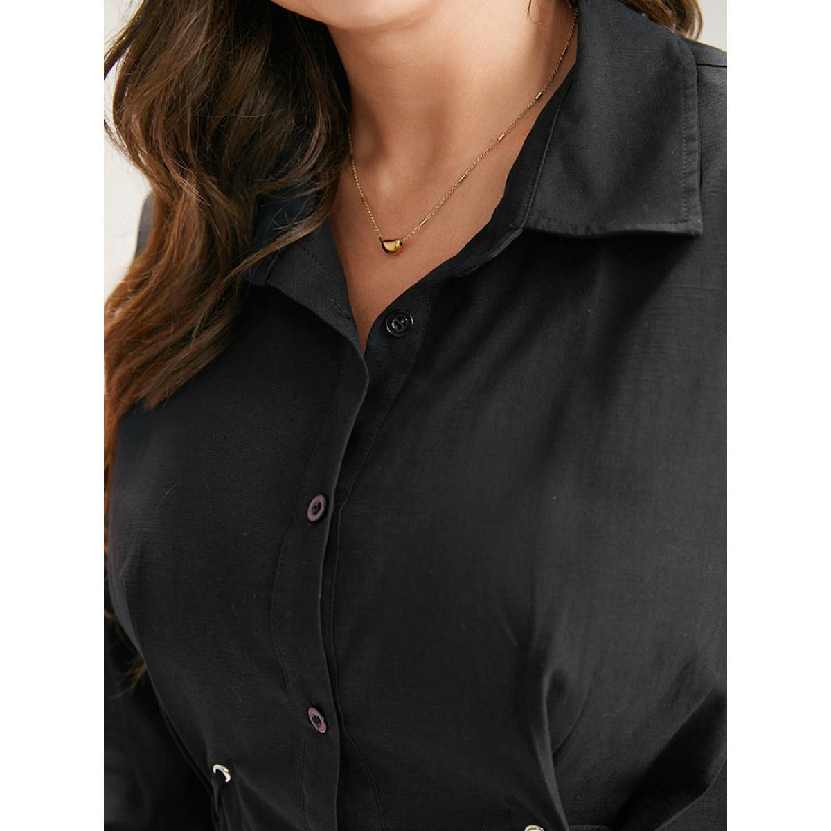 Plus Size Black Cotton Shirt Collar Lace Up Blouse Women Office Long Sleeve Shirt collar Work Blouses BloomChic 28/5X Product Image