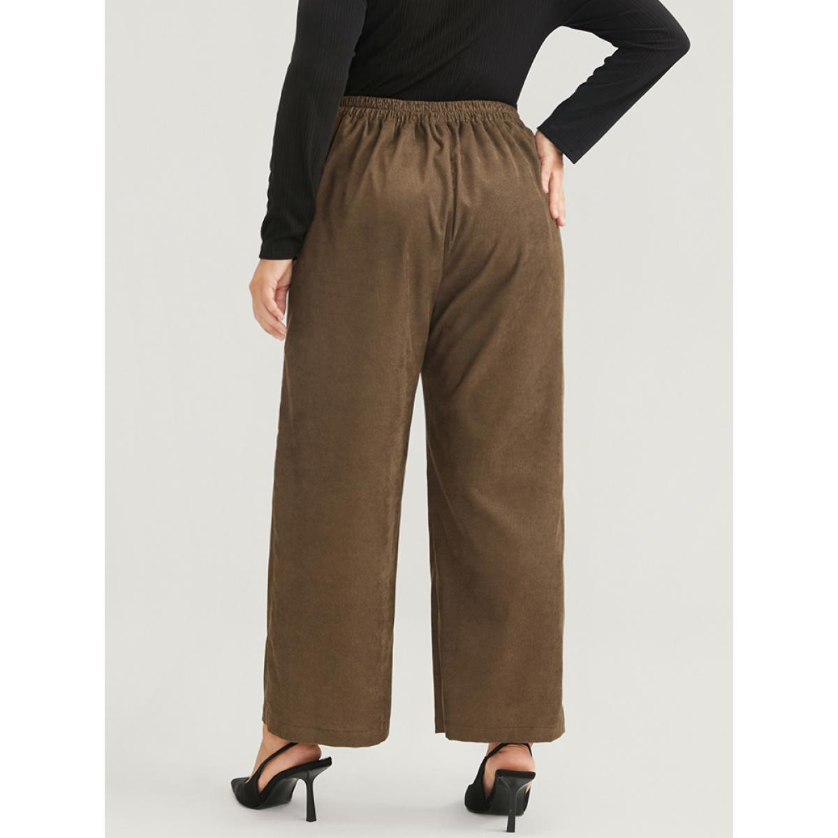 Plus Size Solid Pocket Elastic Waist Corduroy Pants Women Tan Office Mid Rise Office Pants BloomChic 14-16/1X Product Image