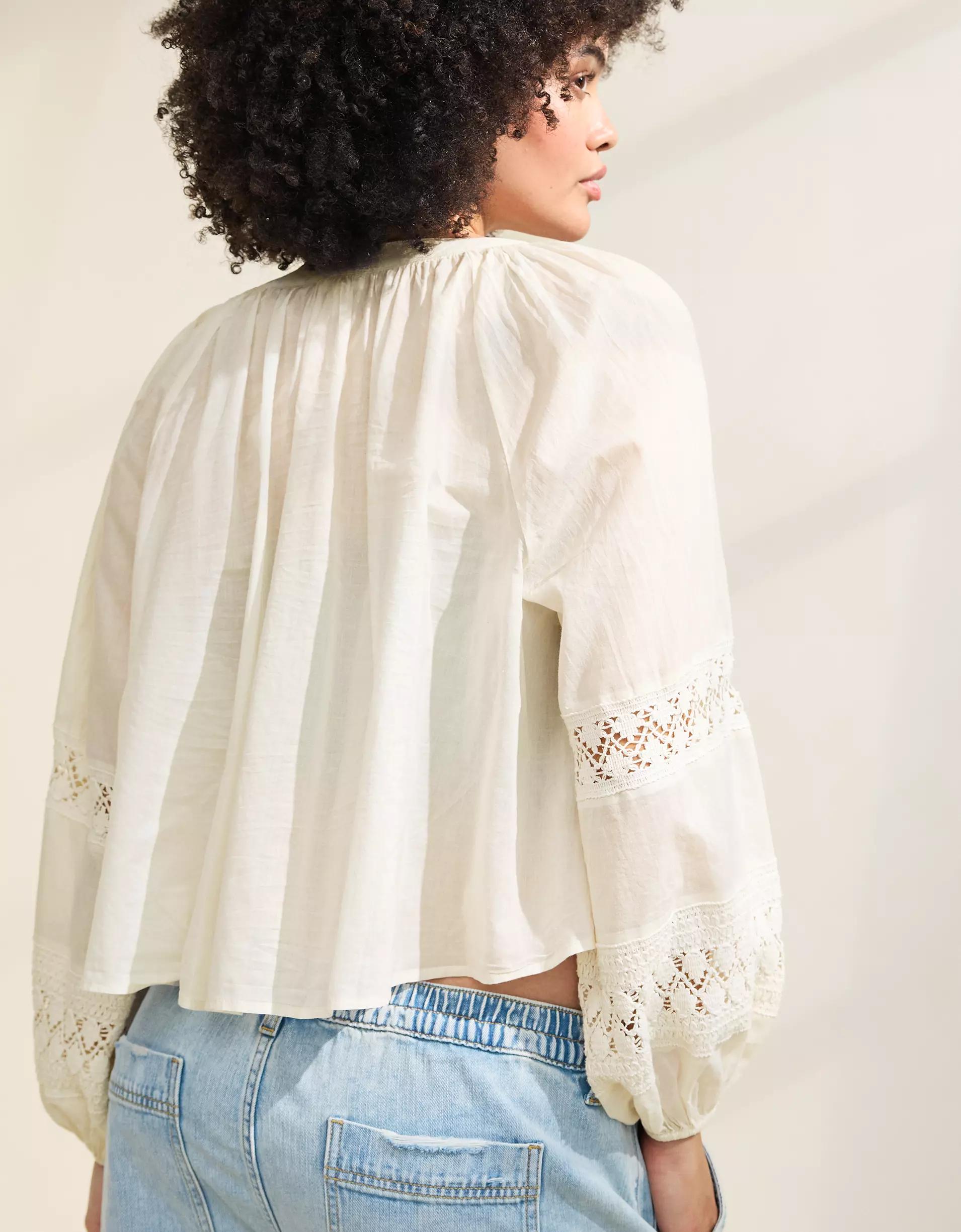 Aerie Long Sleeve Crochet Button Down Shirt Product Image
