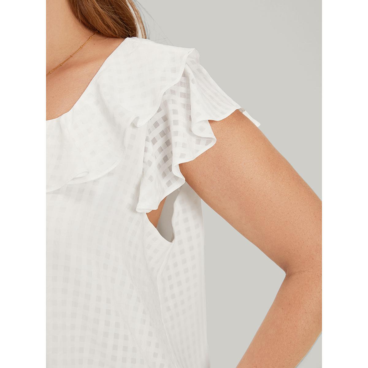 Plus Size Ivory Gingham Flutter Cap Sleeve Tiered Blouse Women Elegant Cap Sleeve Square Neck Dailywear Blouses BloomChic 30/6X Product Image