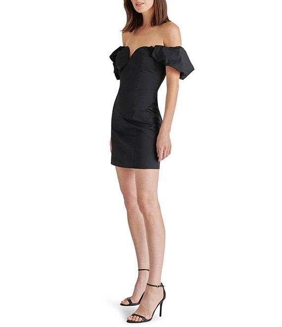 Steve Madden Bordeaux Woven Off-The-Shoulder Neck Short Puff Sleeve Sheath Mini Dress Product Image