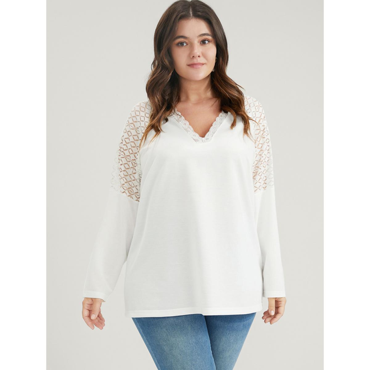Plus Size Solid Contrast Lace	V Neck Long Tee White Women Elegant Patchwork Plain V-neck Dailywear T-shirts BloomChic 30/6X Product Image