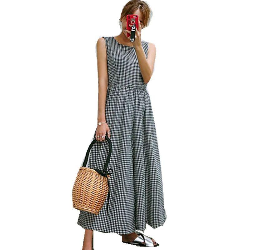 Sleeveless Round Neck Plaid Cropped Wide Leg Jumpsuit Product Image