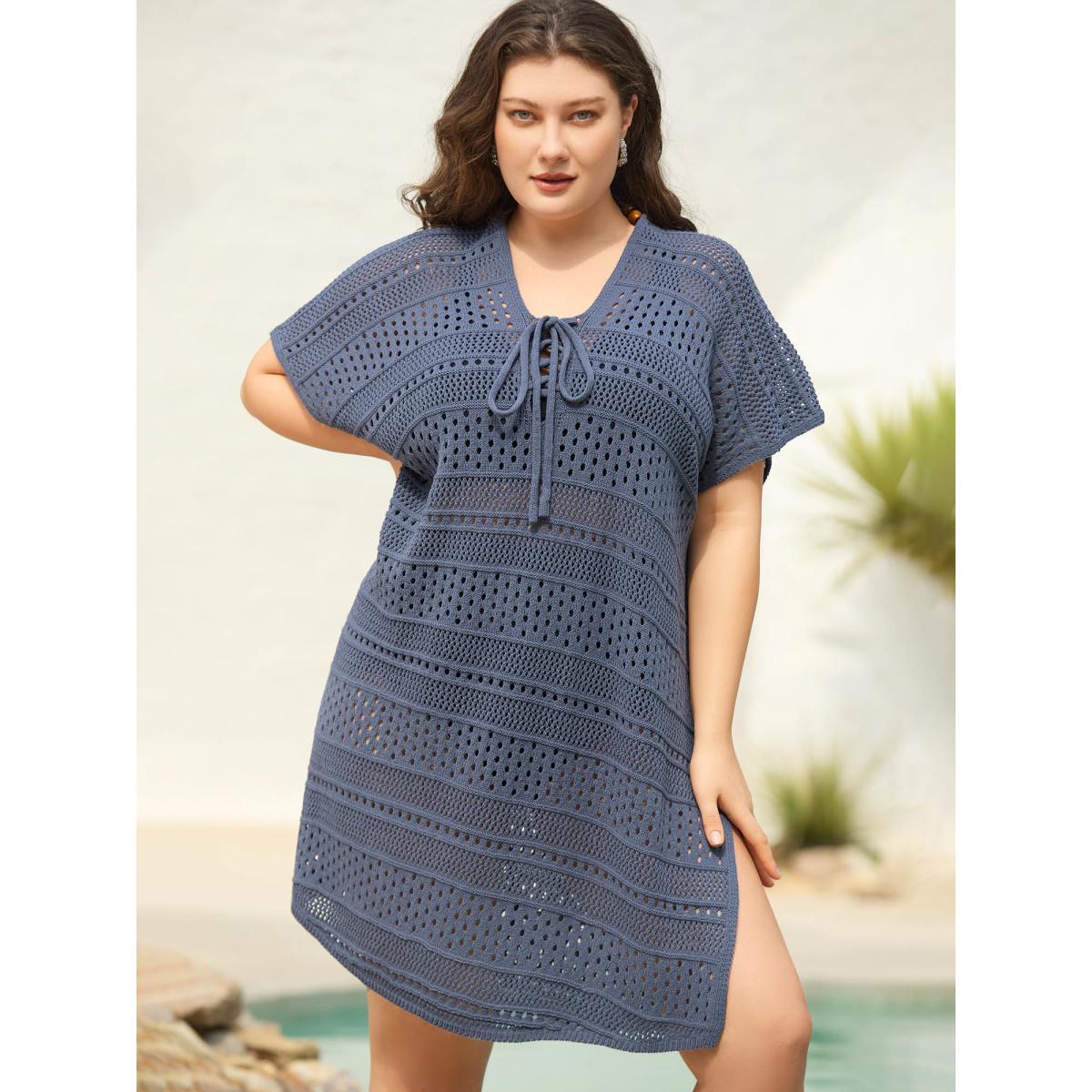 Plus Size Cut-Out Tied Solid Swim Cover-Up Women's Swimwear SlateGray Beach Loose Tie knot Curve Swim Cover Ups BloomChic 10/M Product Image