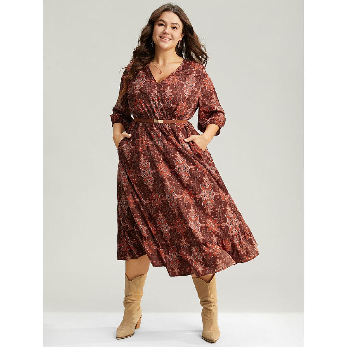 Plus Size Christmas Boho Print Wrap Ruffle Layered Hem Dress Raspberry Women Office Elastic cuffs Overlap Collar Elbow-length sleeve Curvy Midi Dress BloomChic 12/L Product Image
