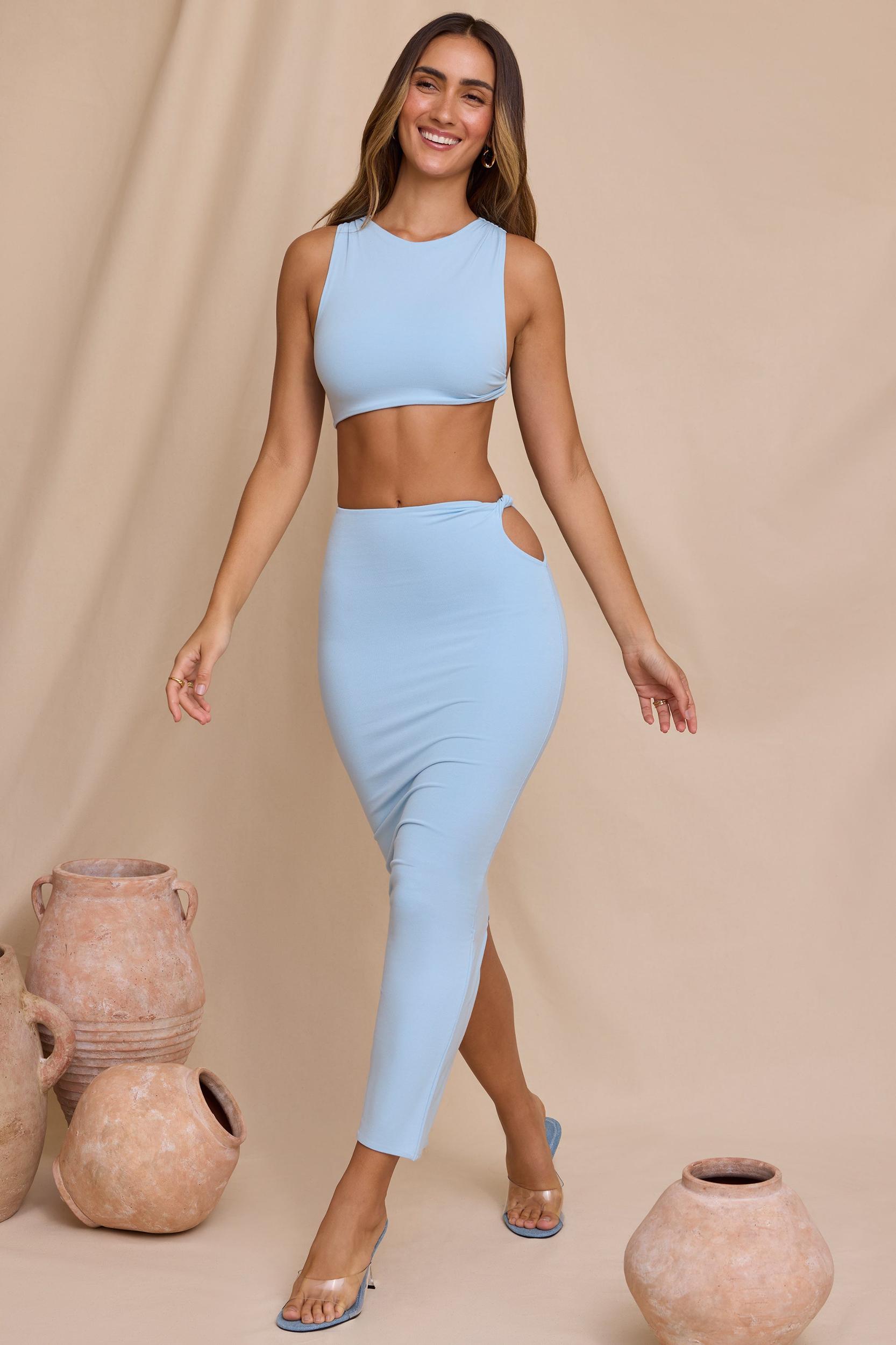 Mid Rise Twist Maxi Skirt in Sky Blue Product Image
