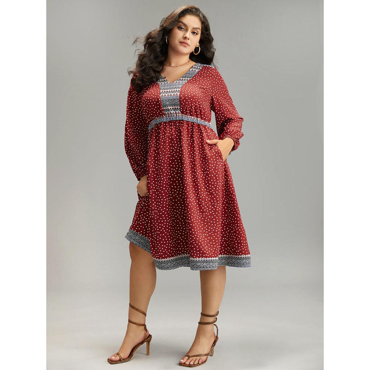 Plus Size Boho Print Lantern Sleeve Elastic Waist Dress Raspberry Women Vacation Elastic cuffs V-neck Long Sleeve Curvy Midi Dress BloomChic 12/L Product Image