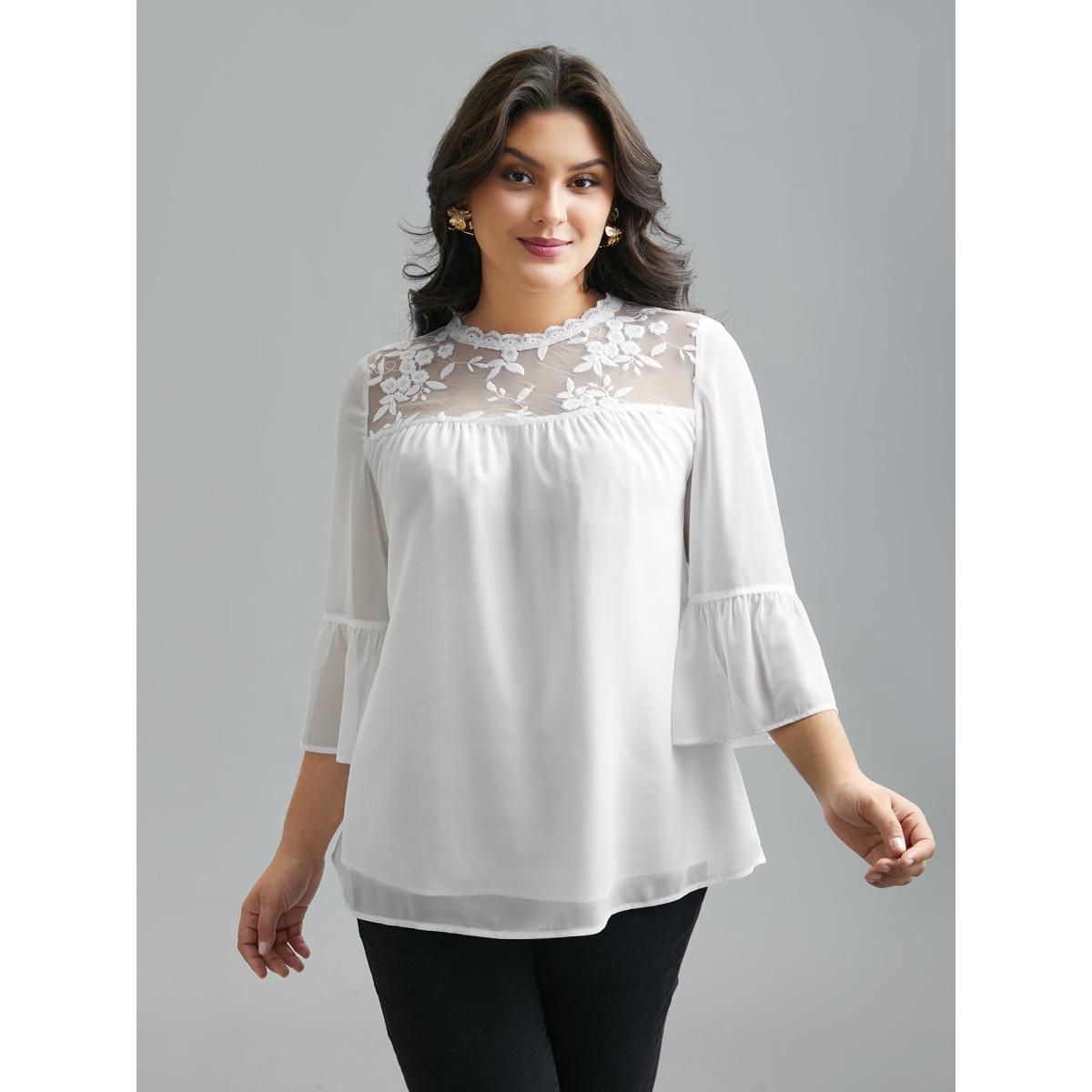 Plus Size Opticwhite Dreamy Lace Neck Flared Sleeve Chiffon Blouse Women Elegant Elbow-length sleeve Stand-up collar Everyday Blouses BloomChic 30/6X Product Image