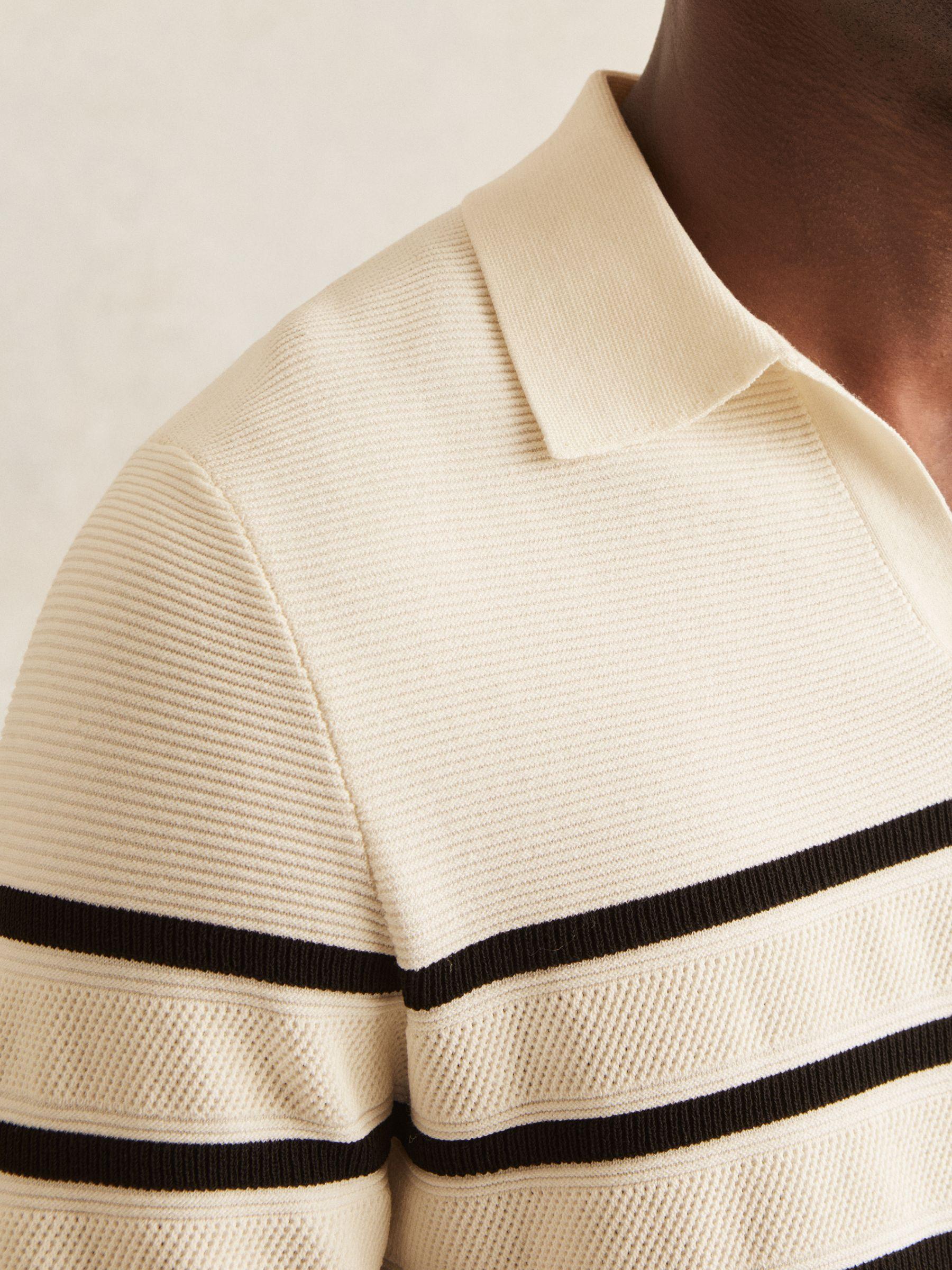 Cotton Blend Stripe Knit Polo Shirt in Warm Stone/Black Product Image