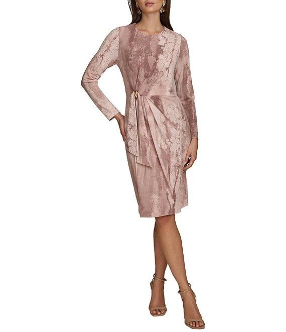 Donna Karan Printed Crepe Jersey Crew Neck Long Sleeve Gold Hardware Gathered Waist Dress Product Image
