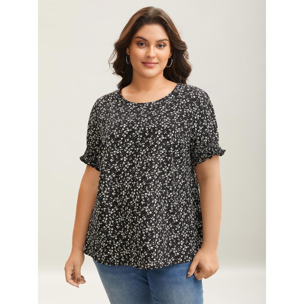 Plus Size Black Ditsy Floral Print Curvy Hem Blouse Women Elegant Elbow-length sleeve Round Neck Everyday Blouses BloomChic 30/6X Product Image