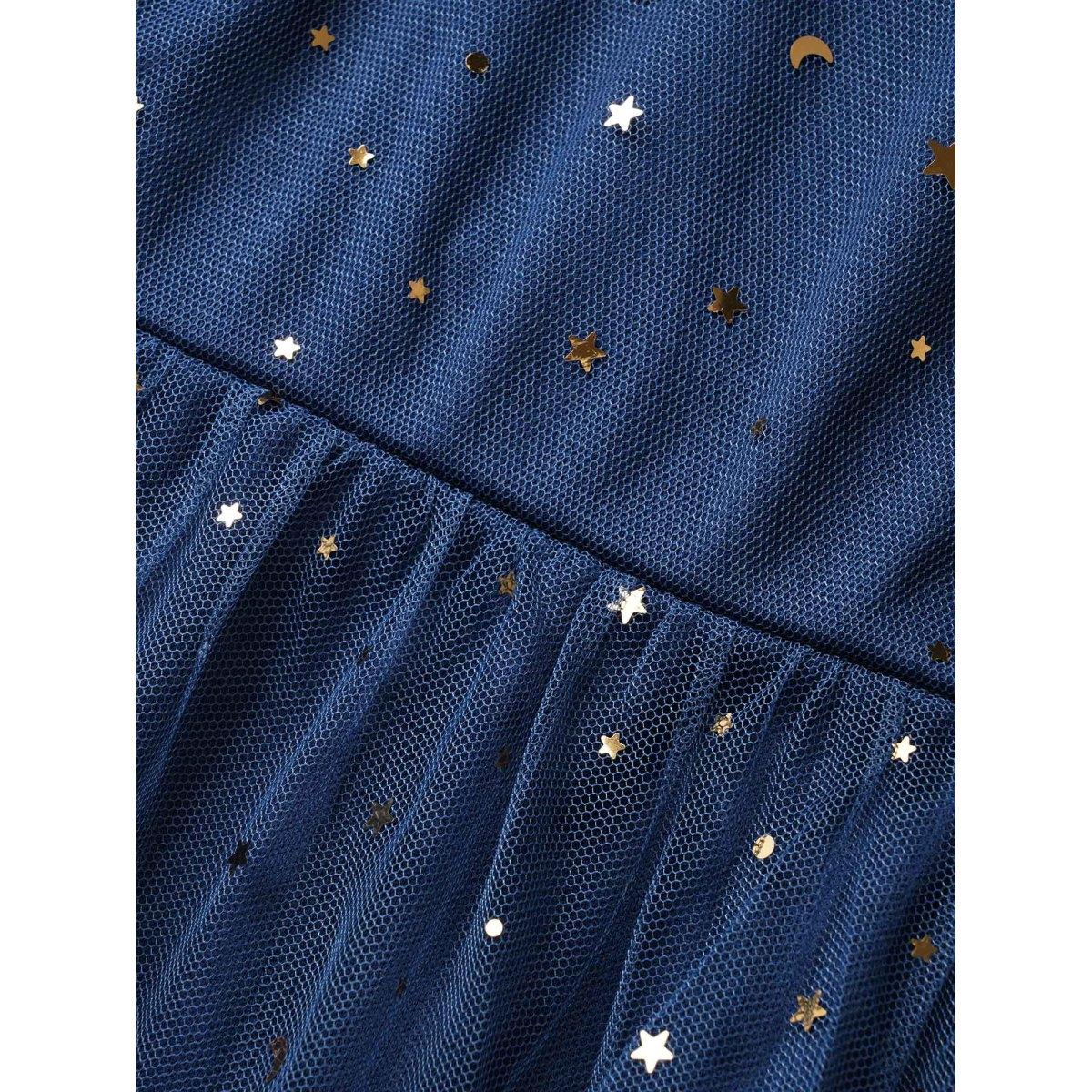 Plus Size Moon & Star Sequin Layered Hem Notched Cami Dress DarkBlue Women Cocktail Non Notched collar Sleeveless Curvy Midi Dress BloomChic 22-24/3X Product Image