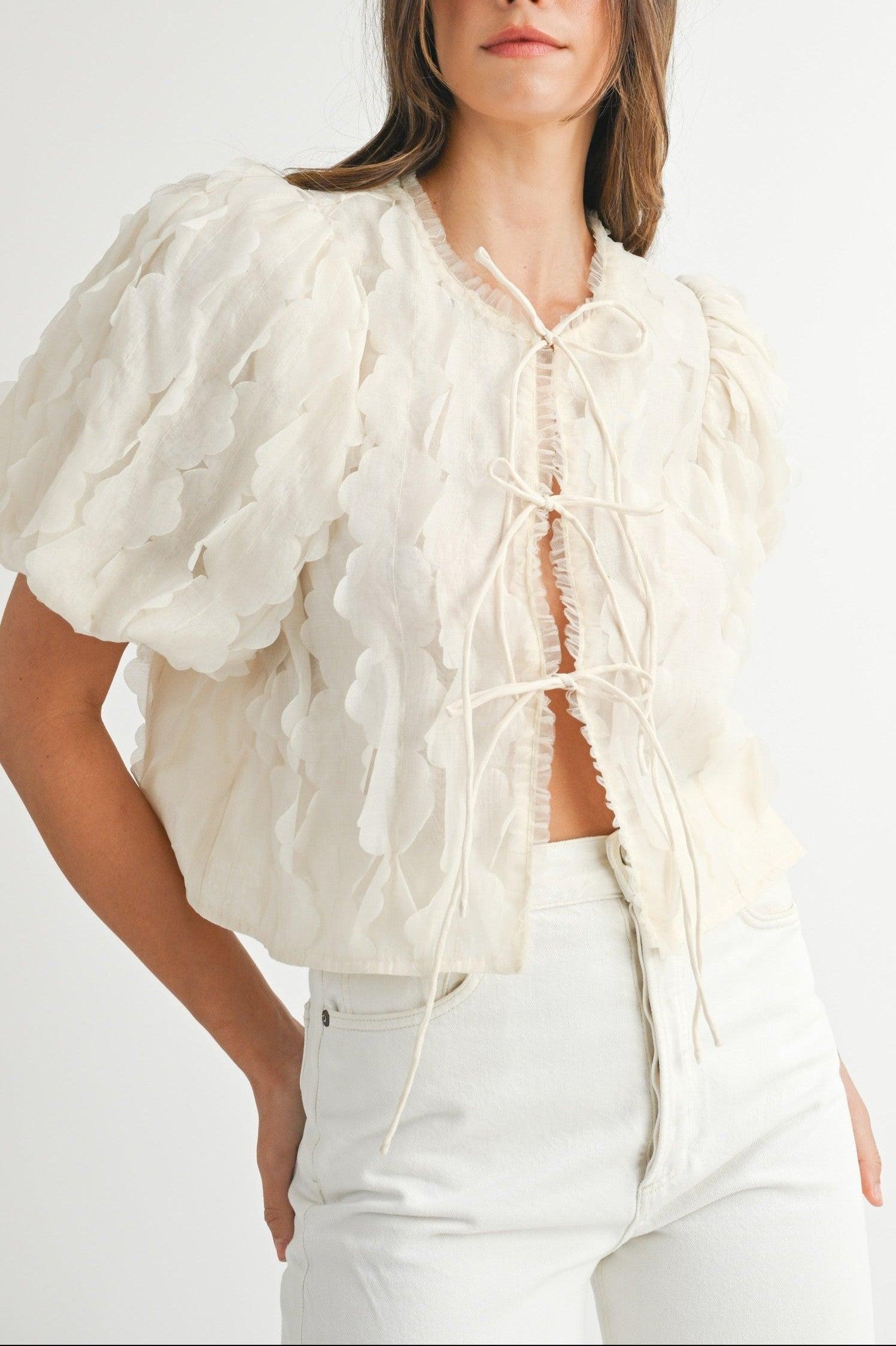 Textured Scallop Puff Sleeve Blouse Top Product Image