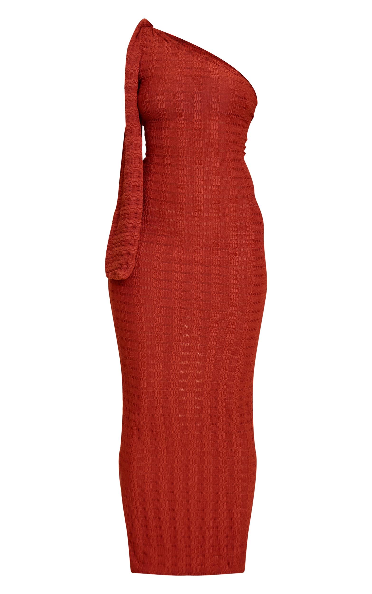 Rust Textured One Shoulder Drape Detail Maxi Dress Product Image