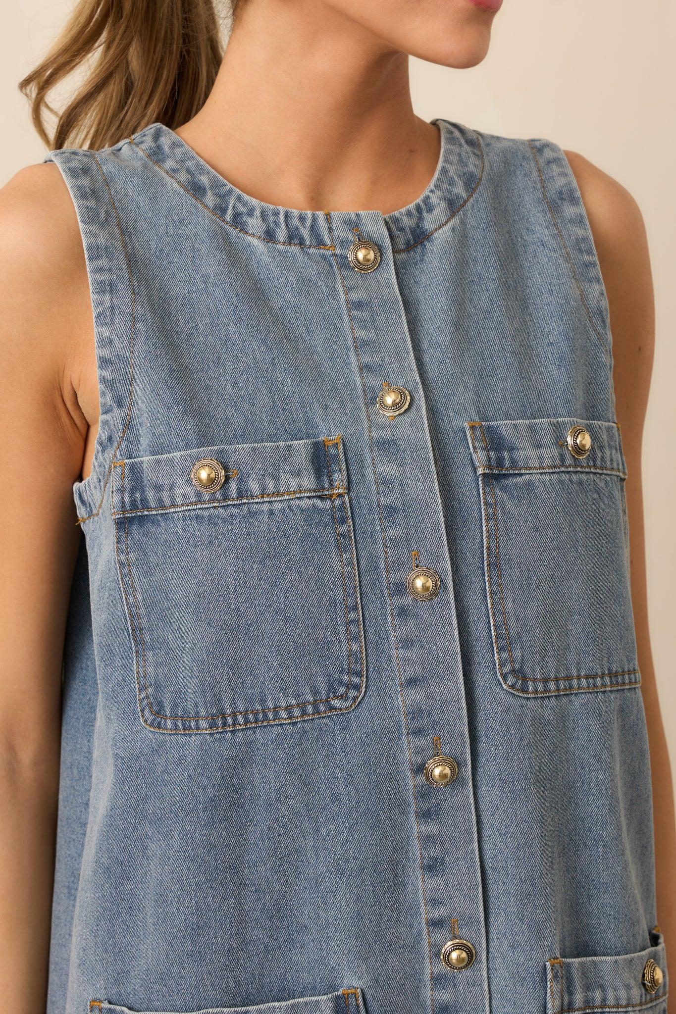 Urban Legend Medium Wash Button Front Denim Mini Dress Product Image
