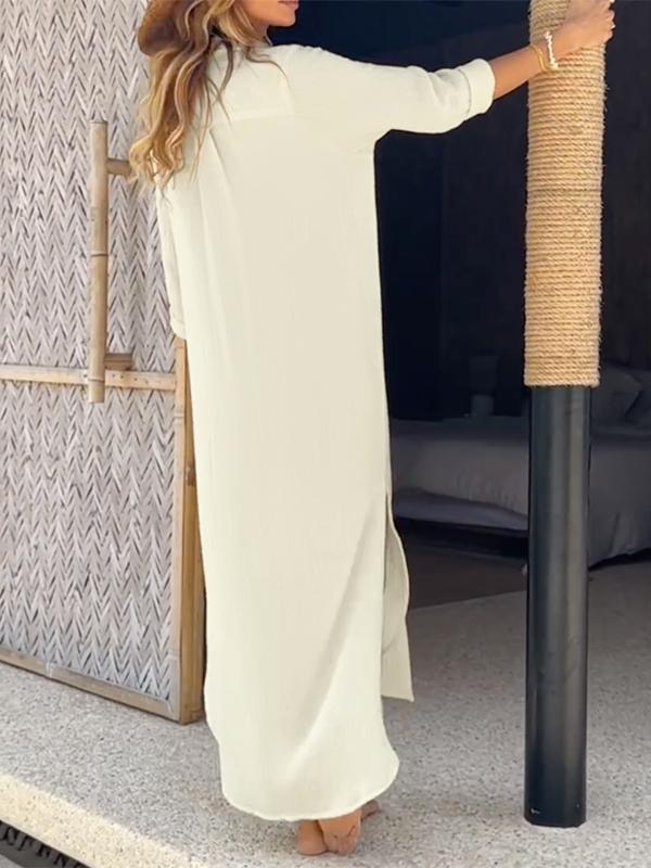 Long Sleeves Loose Buttoned Pockets Split-Side Lapel Maxi Dresses Shirt Dress Product Image