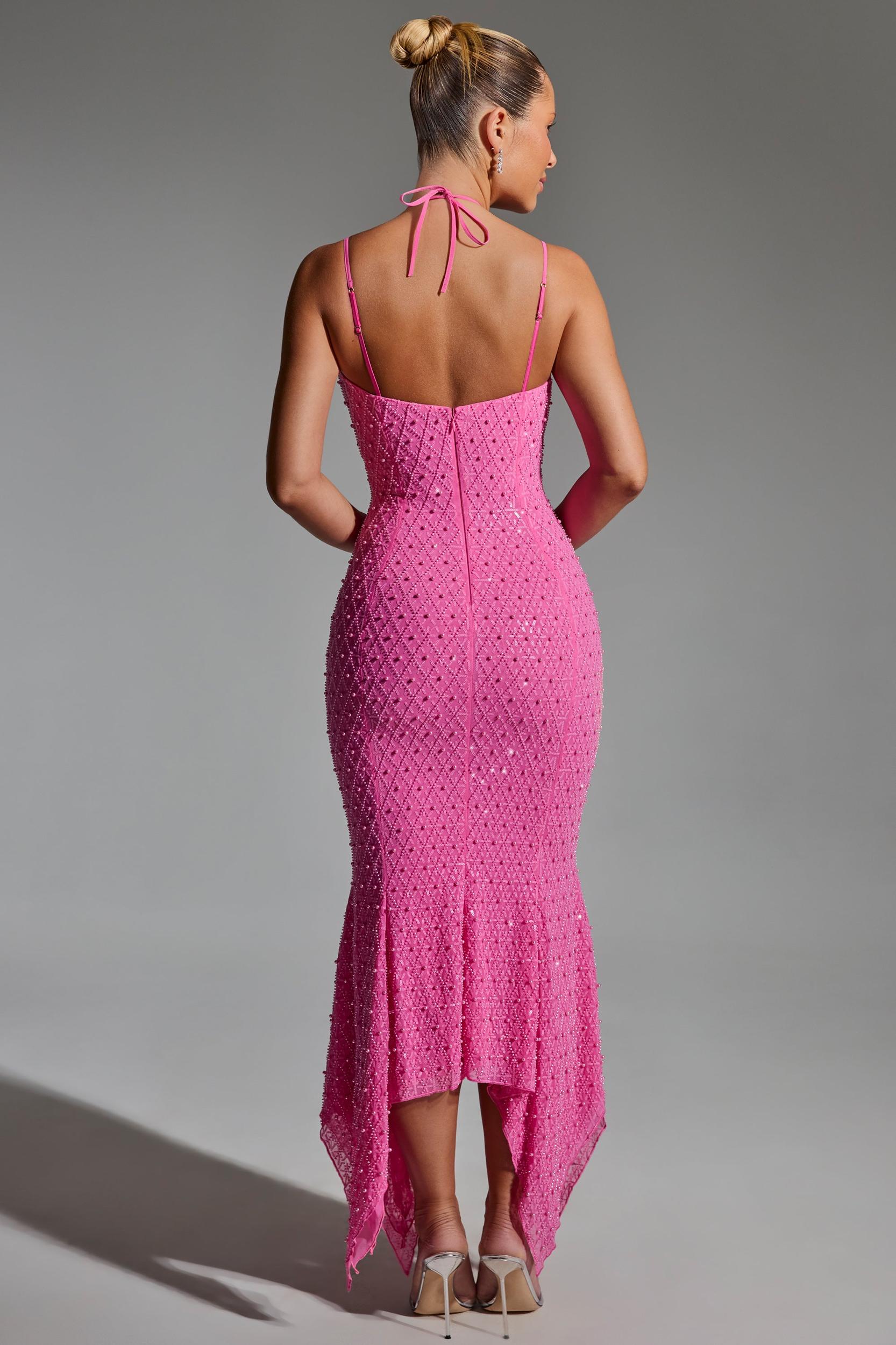 Embellished Cut-Out Asymmetric Midaxi Dress in Hot Pink Product Image
