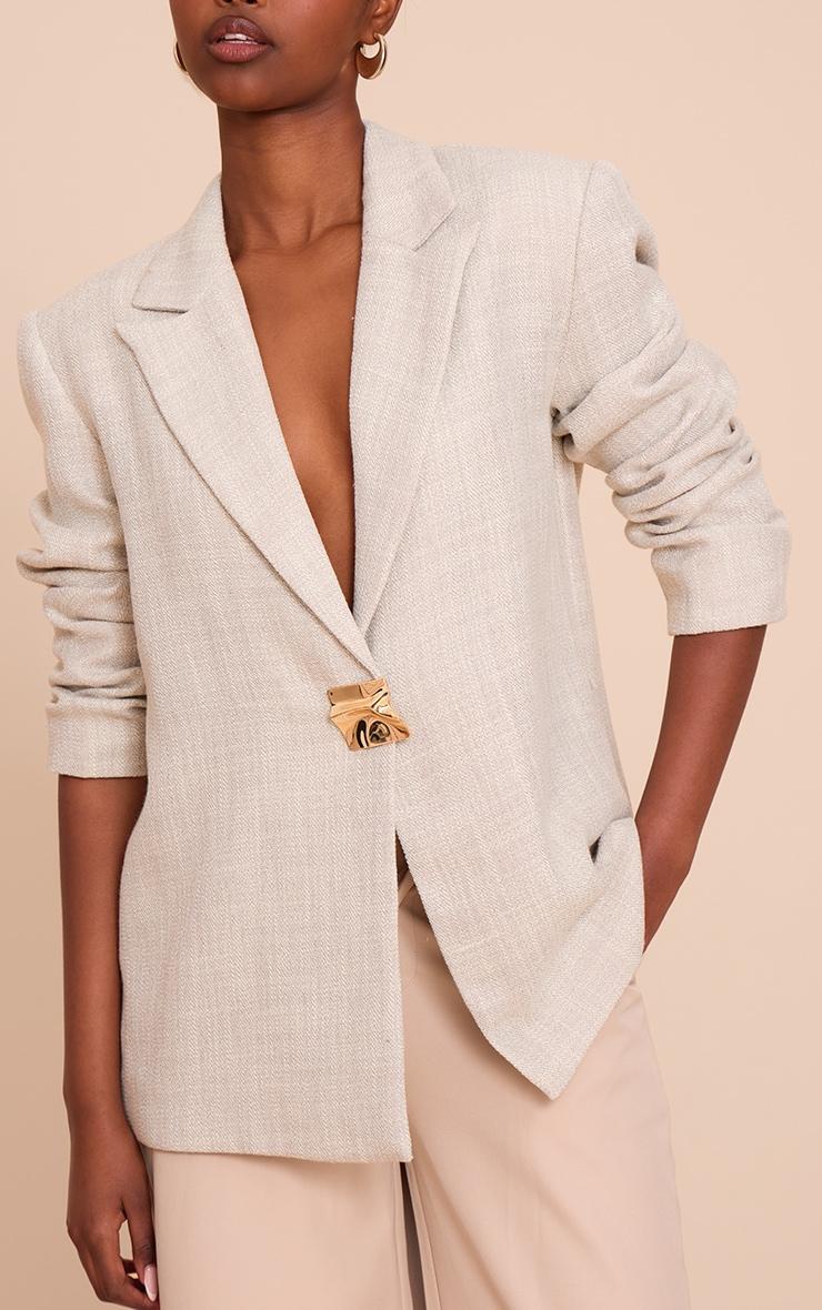 Beige Button Detail Linen Look Boxy Blazer Product Image